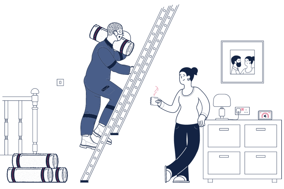 workman climbing a latter holding home loft insulation watched by a person holding a cup of tea
