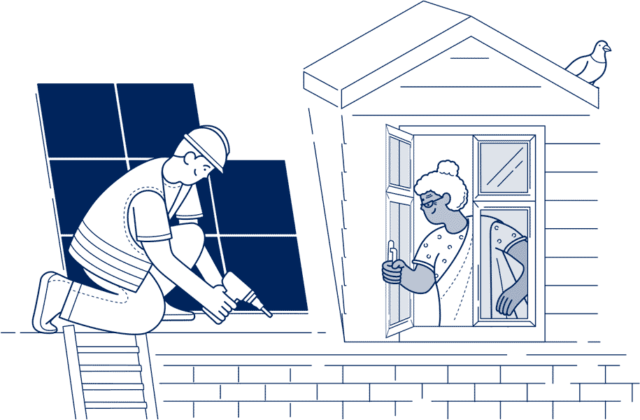 worker installing solar panels on a home roof watched by an elderly woman in a sari