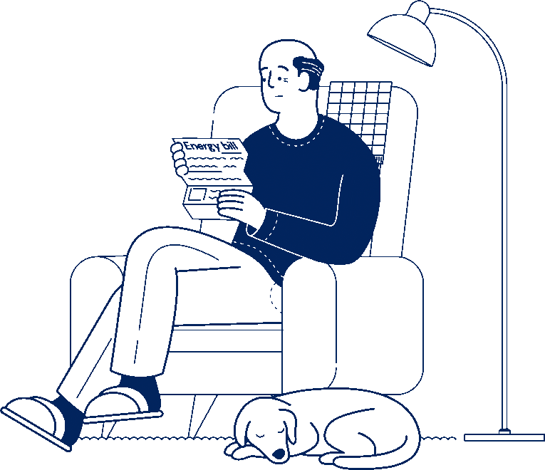 worried looking elderly man in an armchair reading a letter with a dog sleeping at his feet