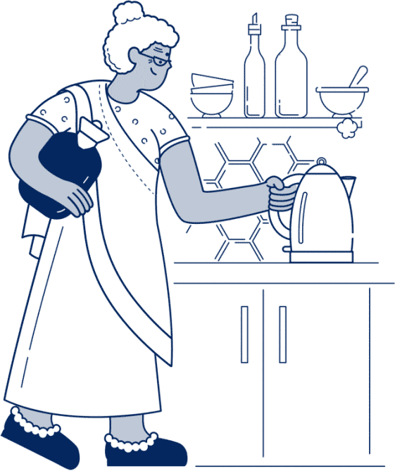 woman in sari holding a water bottle and reaching for a kettle