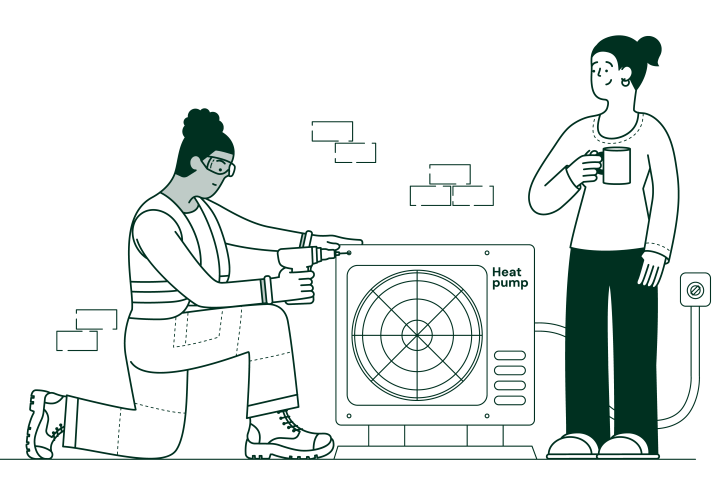 woman installling a heat pump at home watched by a person holding a cup of tea