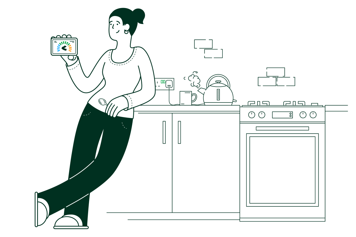 woman leaning on a kitchen worktop holding an energy smart meter
