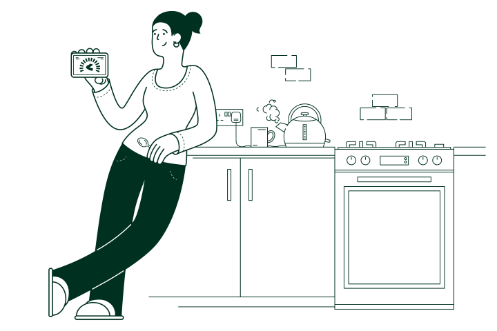 woman leaning on a kitchen worktop holding an energy smart meter