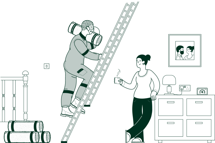 workman climbing a latter holding home loft insulation watched by a person holding a cup of tea