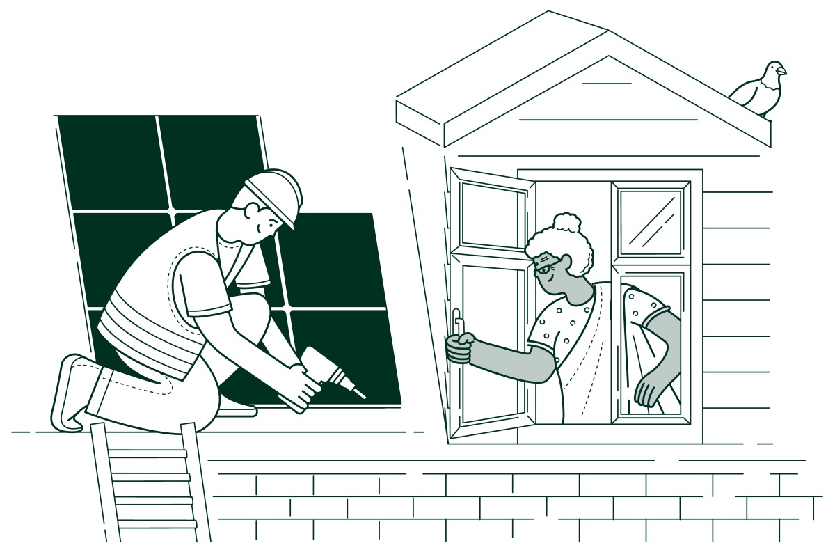 worker installing solar panels on a home roof watched by an elderly woman in a sari