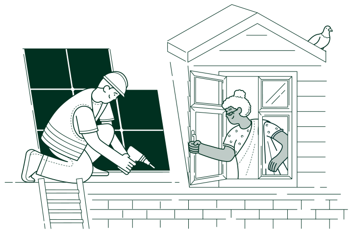 worker installing solar panels on a home roof watched by an elderly woman in a sari