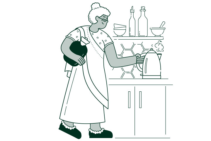 woman in sari holding a water bottle and reaching for a kettle