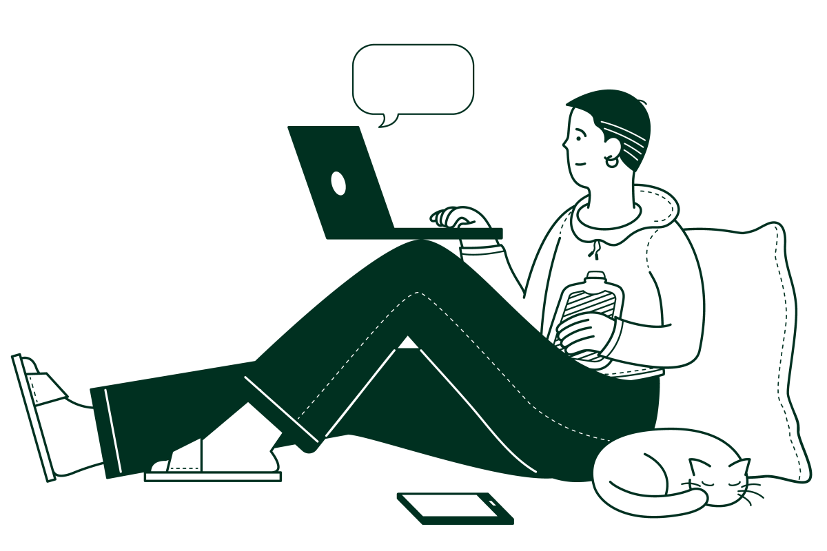 young person holding a hot water bottle with a laptop perched on their knees and a cat curled up asleep next to them