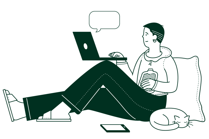young person holding a hot water bottle with a laptop perched on their knees and a cat curled up asleep next to them
